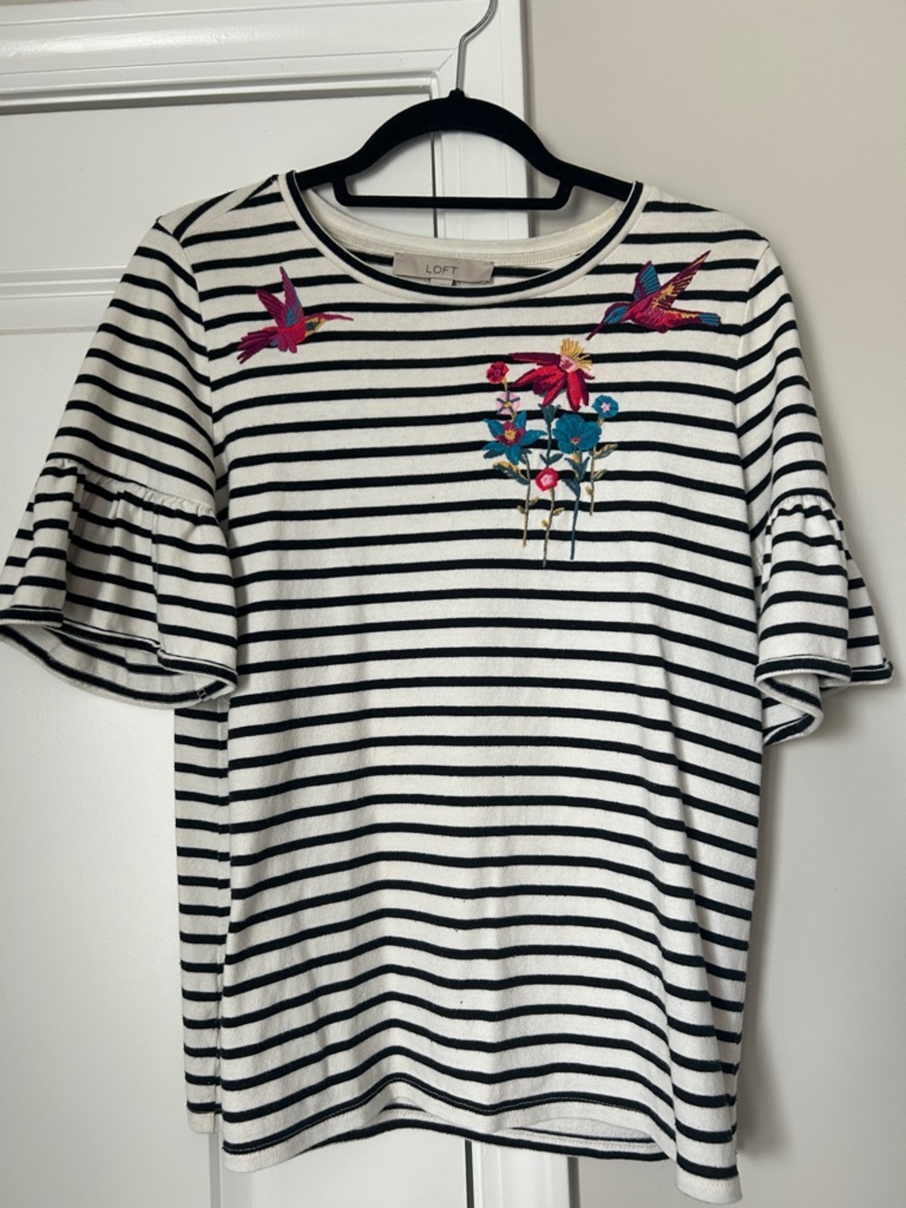 LOFT Black & White Striped Flutter Sleeve Tee with Colorful Floral Embroidery